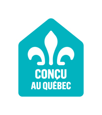 Logo Conçu au Québec avec une fleur de lys blanche sur fond turquoise, symbole de qualité locale.