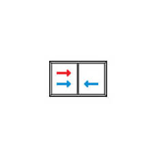 Configuration fenêtre coulissante deux sections. Simple (gauche, flèche rouge) ou double (droite et gauche, flèches bleues).