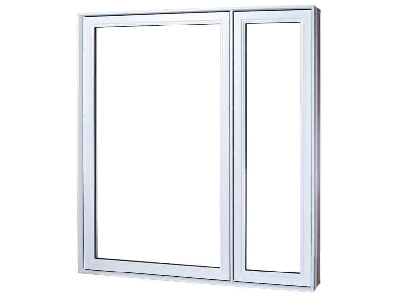 Fenêtre à battant en PVC blanc avec deux sections inégales, vue de l’extérieur. Grande vitre à gauche et plus petite à droite