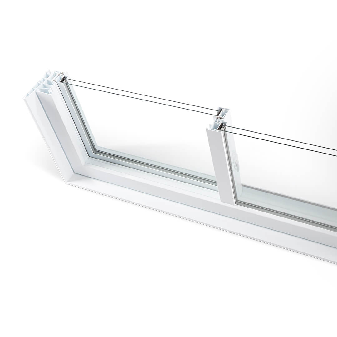 Options coupe de fenêtre coulissante en PVC blanc vue de haut, vitres superposées, ouverture en douceur et aide au nettoyage