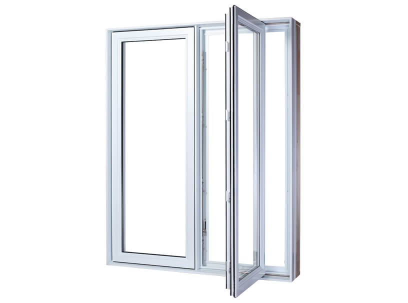 Fenêtre à battant en PVC blanc avec 2 sections égales, celle de droite est ouverte grâce au système d’ouverture à 90 degrés