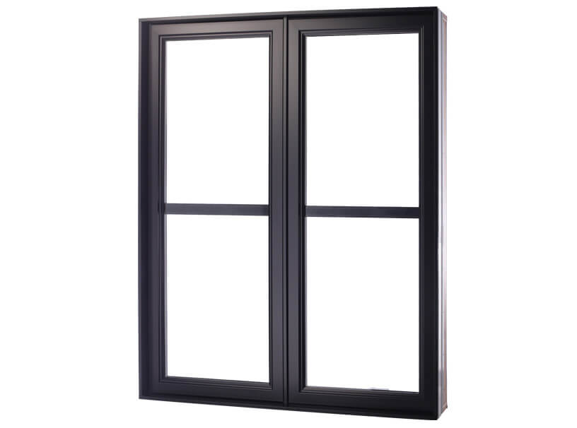 Hybrid casement windows with black horizontal crossbar in the center that separates into 4. Various styles of custom windows