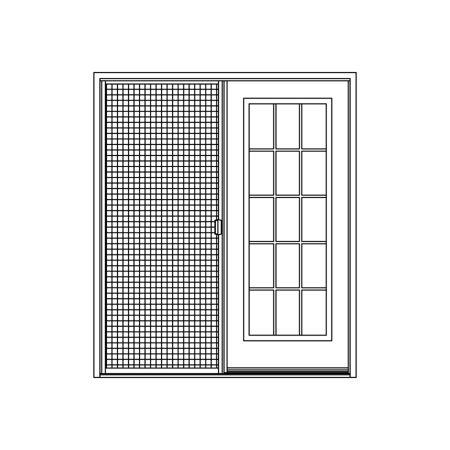 Illustration configuration porte-jardin à porte double : carrelage à droite, porte moustiquaire à gauche et poignée centrée
